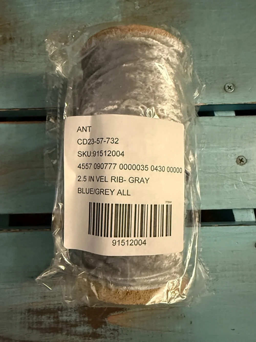 Anthropologie Large Wooden Vintage Look Spool of Velvet Ribbon in Blue/Grey New